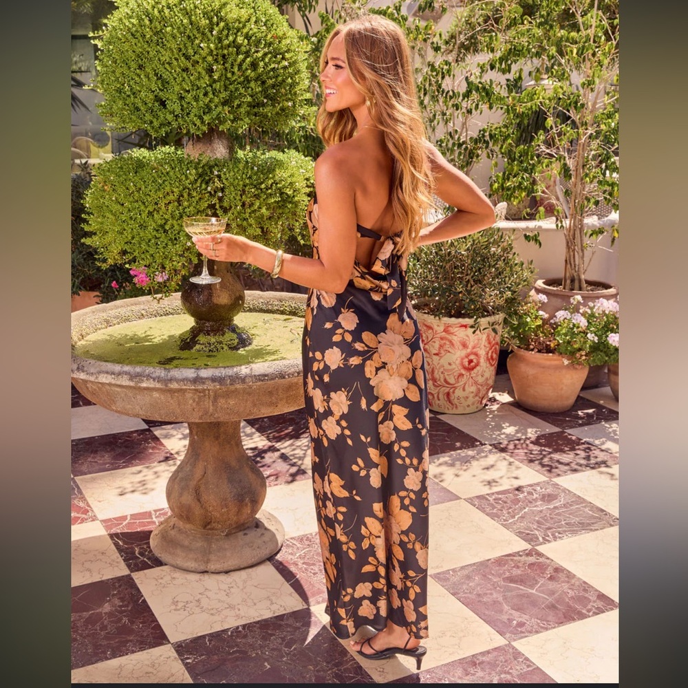 NWT Vici strapless tie and cowl back Floral Black and Gold Dress